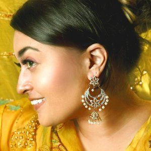 Gold Plated Jhumka Earrings with CZ and Pearl Work